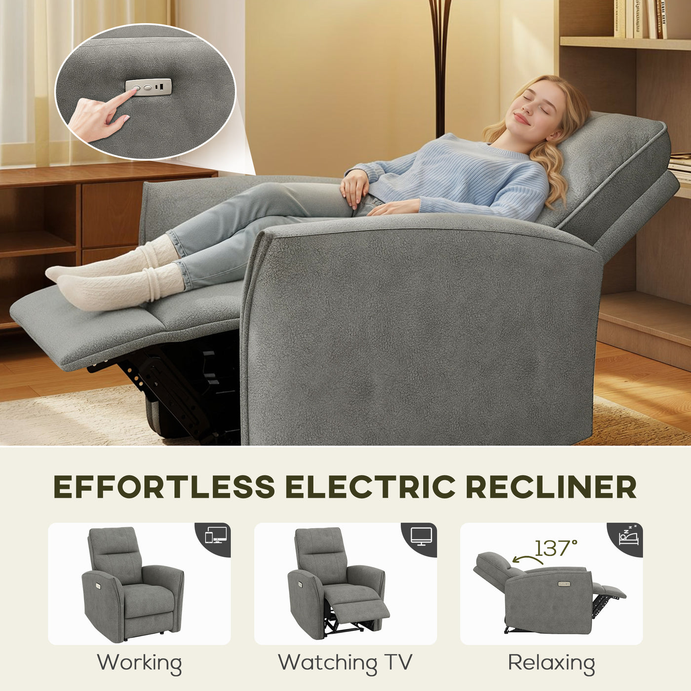 Power Recliner Chair, Dyed Fabric (Like Leathaire) Upholstered Recliner Chair with USB Ports, Footrest, Grey