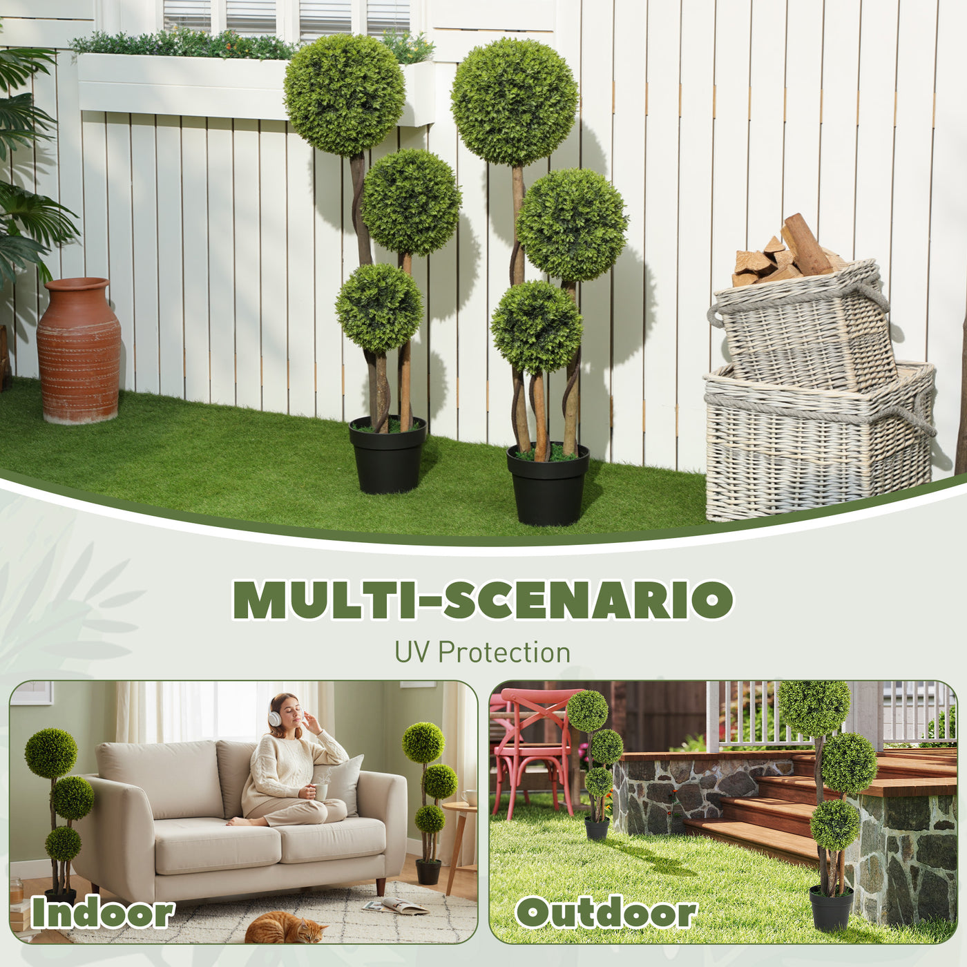 45 Inch Potted Fake Plant Set of 2, Artificial Boxwood Topiary Tree, Triple Ball Tree for Indoor and Outdoor, Green