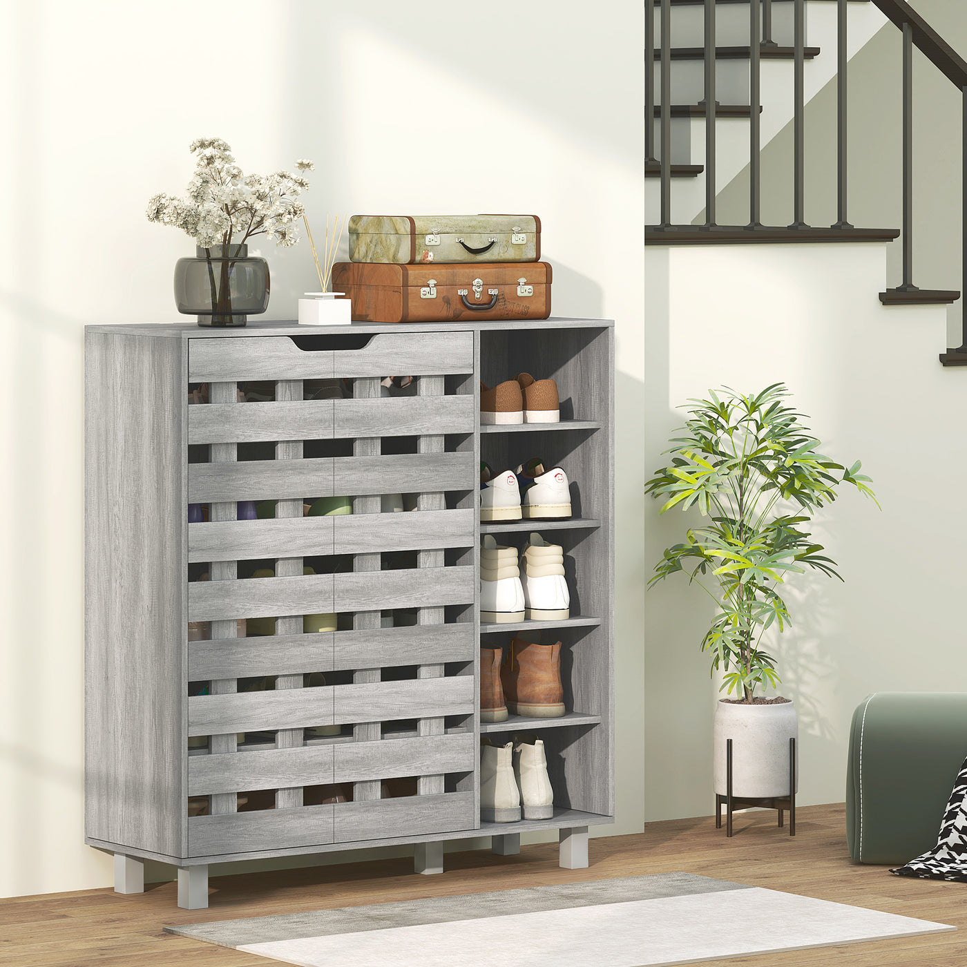 Shoe Cabinet, 21 Pair Shoe Storage Cabinet Organizer with 5-tier Double Door Cabinet and 5-tier Open Shelves, Light Grey