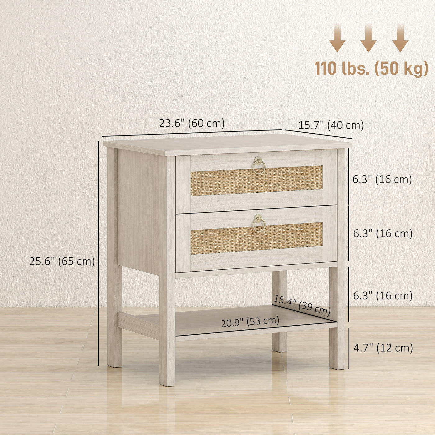 Set of 2 Boho Bedside Tables, Rattan Nightstands with 2 Drawers, Storage Shelf, End Side Tables for Bedroom, White Oak