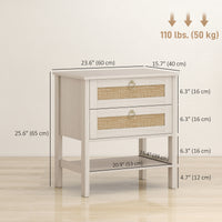 Set of 2 Boho Bedside Tables, Rattan Nightstands with 2 Drawers, Storage Shelf, End Side Tables for Bedroom, White Oak