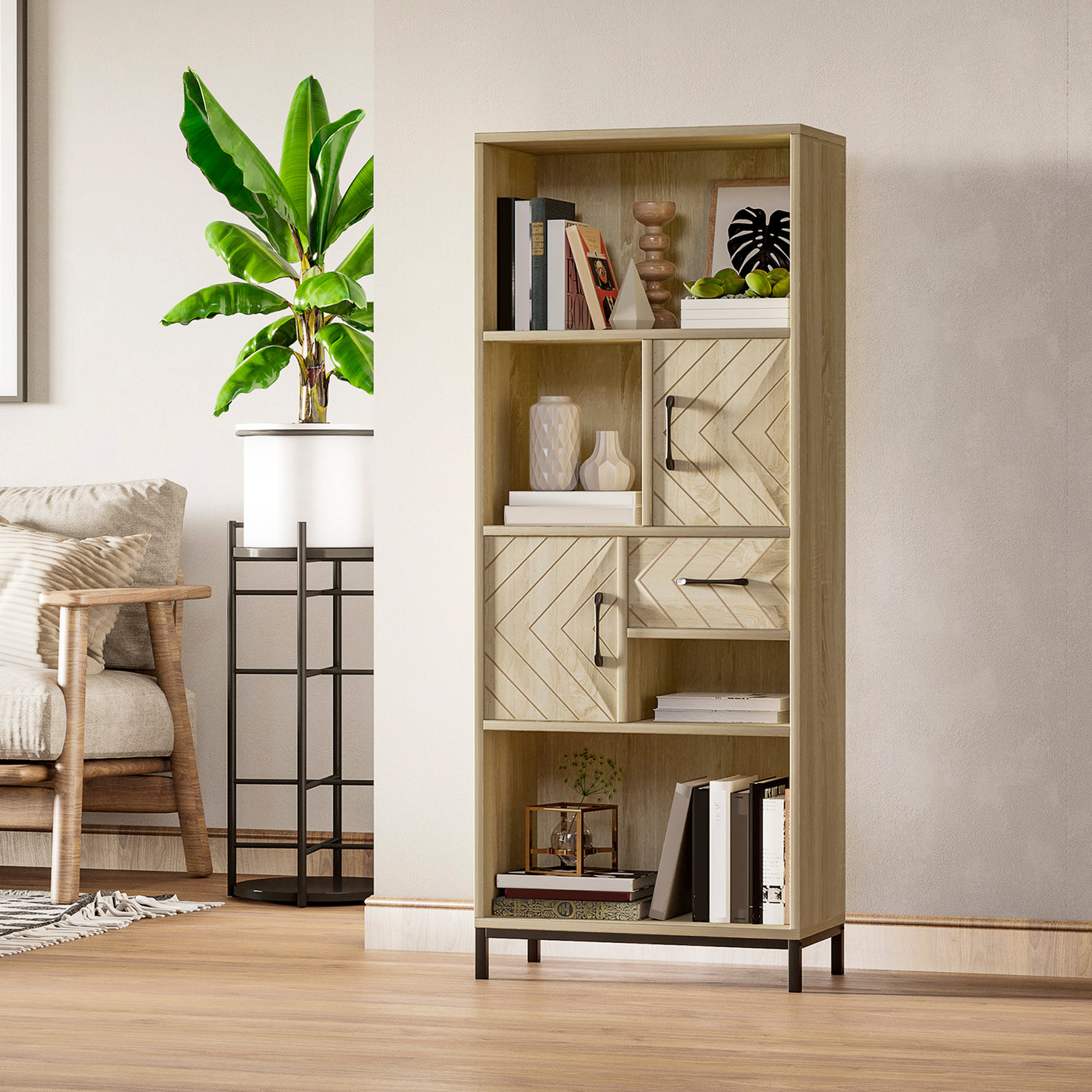 59" Bookcase, Storage Bookshelf with Cabinets, Drawer and Open Compartments, Freestanding Display Shelves for Home Office, Living Room, Study, Nature Wood