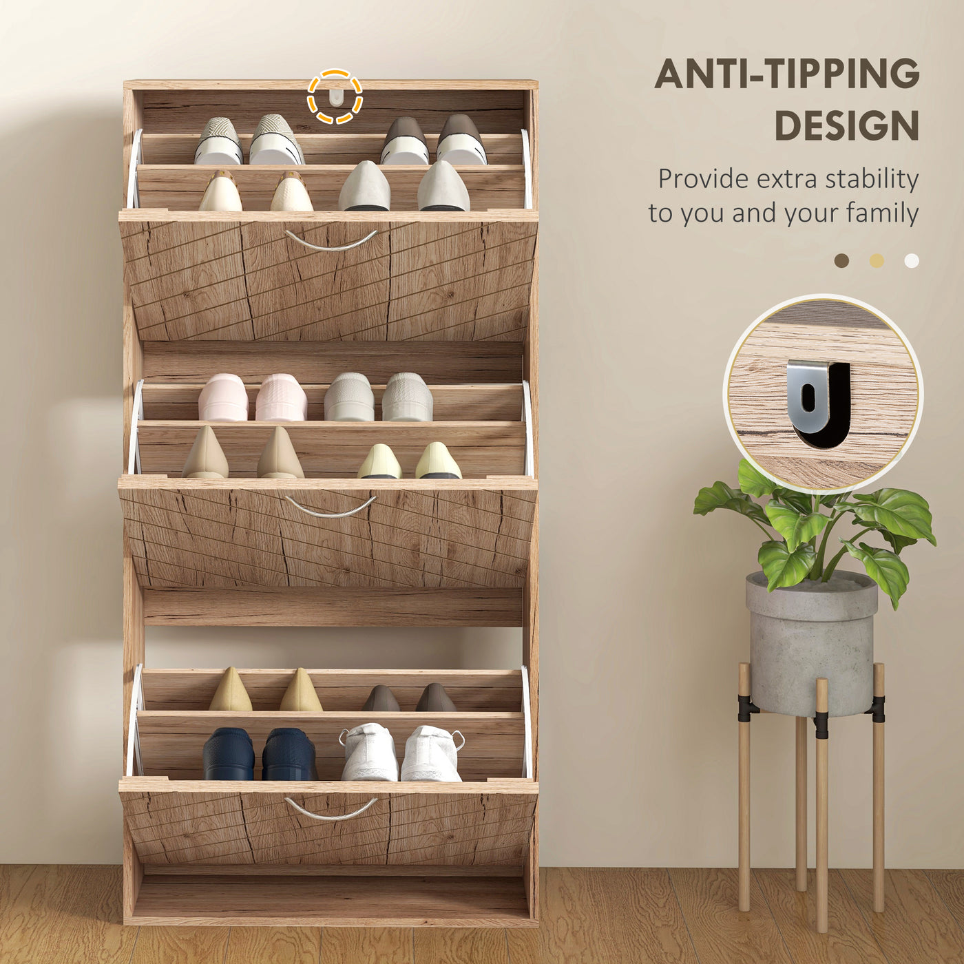 Shoe Storage Cabinet with 3 Flip Drawers, Narrow and Slim, 12 Pair of Shoes Organizer for Hallway, Entryway, Nature Wood