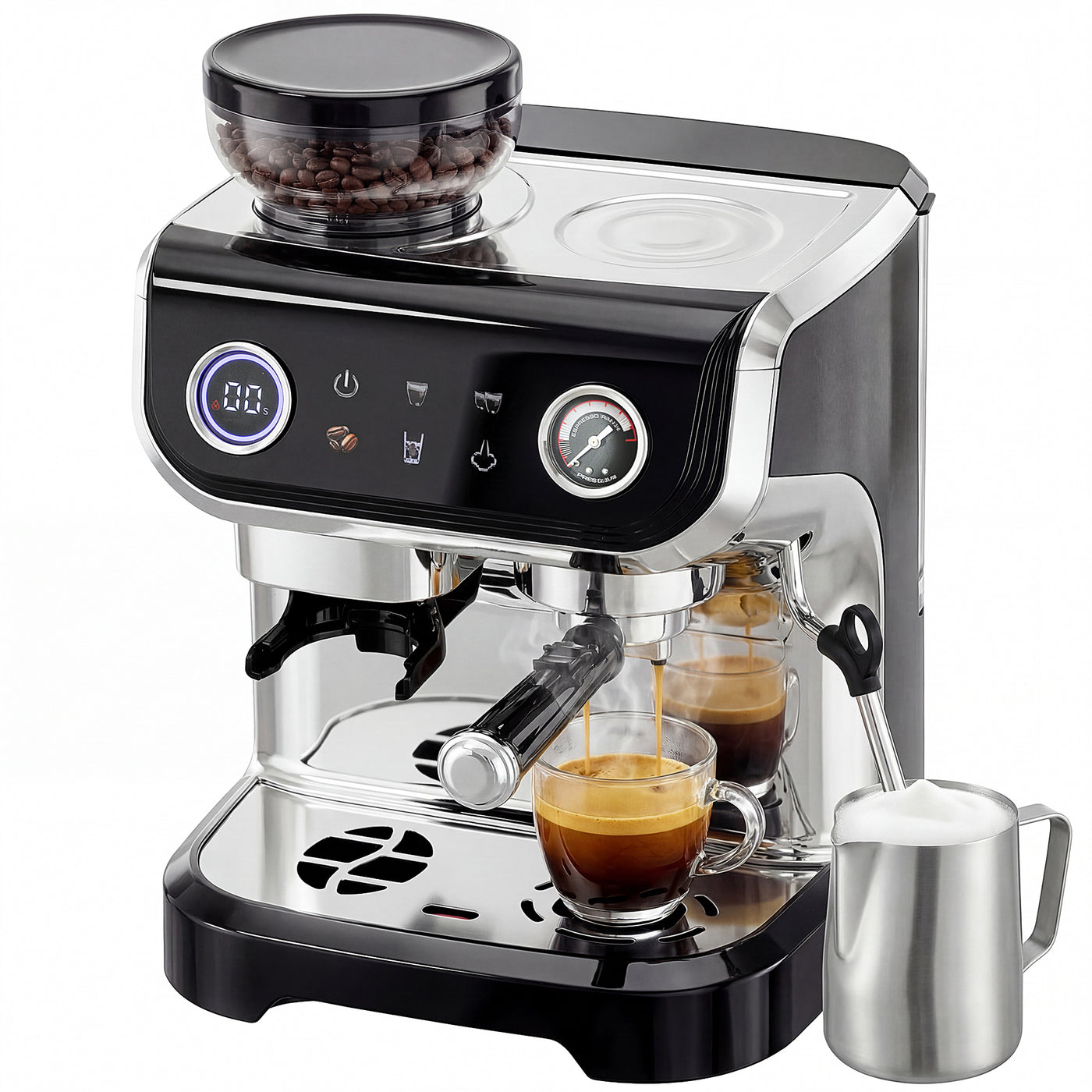 15 Bar Coffee Maker Espresso Machine with Grinder Milk Frother Stainless Steel Espresso Maker for Cappuccino Latte Black