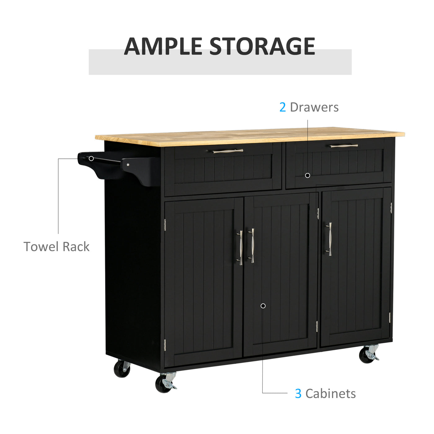 Modern Kitchen Island, Utility Kitchen Serving Cart with 2 Storage Drawers & Cabinets for Dining Room, Black