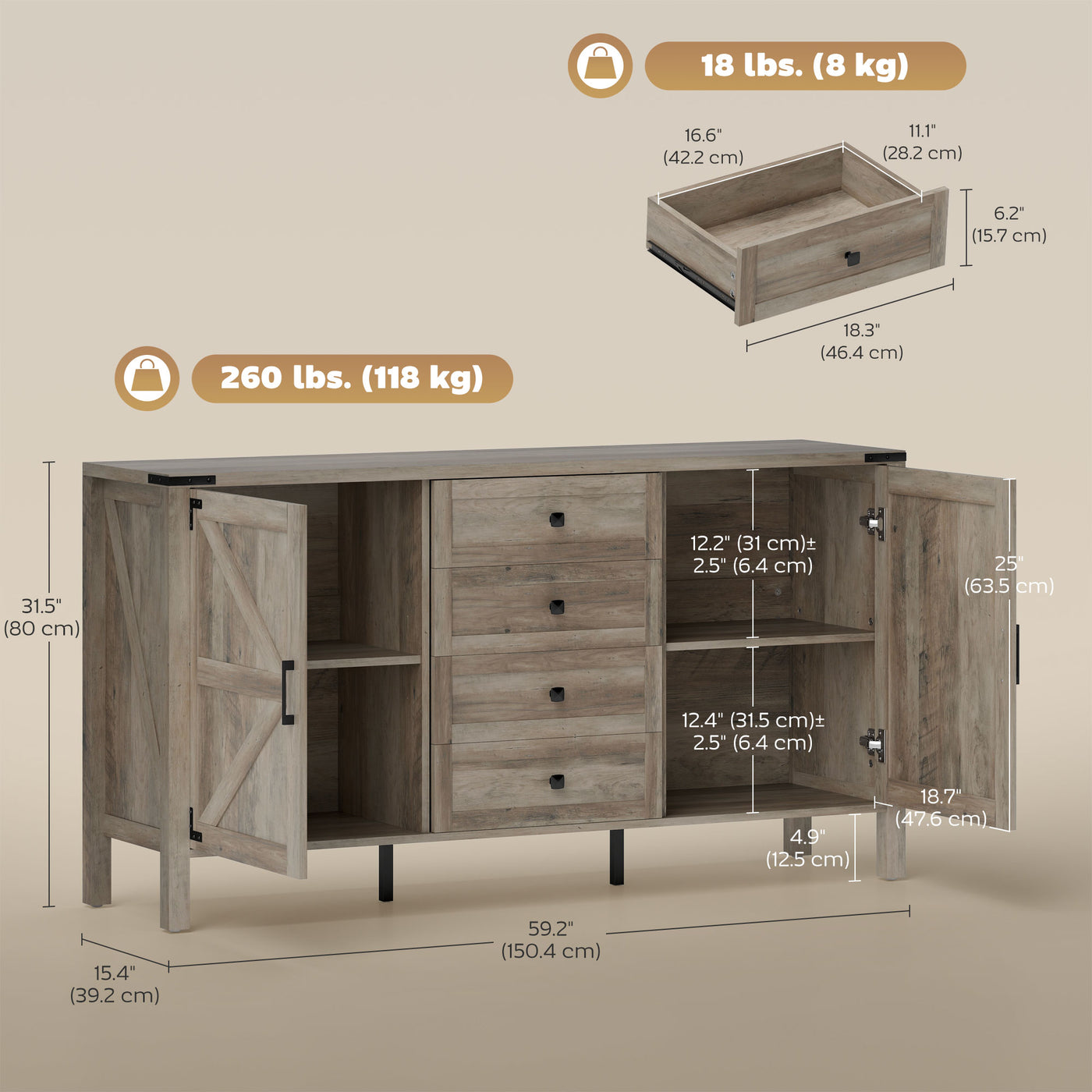 59" Buffet Cabinet, Farmhouse Sideboard with Thick Top, 2 Barn Doors, 4 Drawers and 2 Adjustable Shelves, Grey