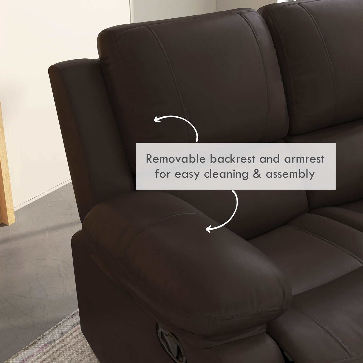 Reclining Loveseat Sofa with Pullback Control Footrest, Leather Manual Recliner for Living Room, Easy Cleaning & Assembly, Brown