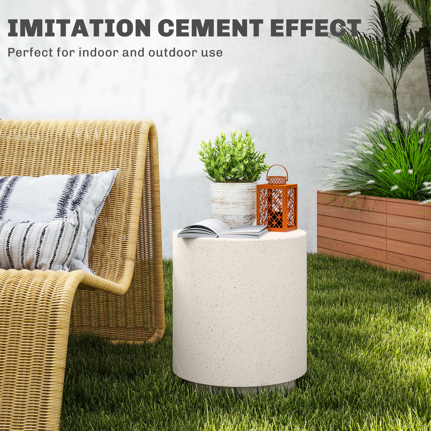 Terrazzo Finish Side Table, 17" Round End Table for Indoor and Outdoor, Cream White