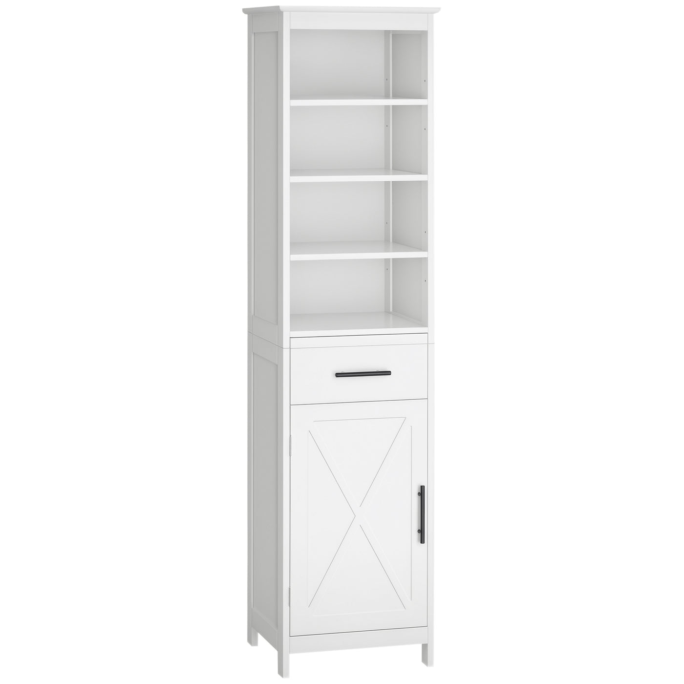 Tall Bathroom Storage Cabinet, Free Standing Bathroom Cabinet Slim Side Organizer w/ 3-Tier Open Shelf, Door, and Drawer, White