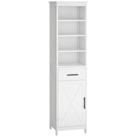 Tall Bathroom Storage Cabinet, Free Standing Bathroom Cabinet Slim Side Organizer w/ 3-Tier Open Shelf, Door, and Drawer, White