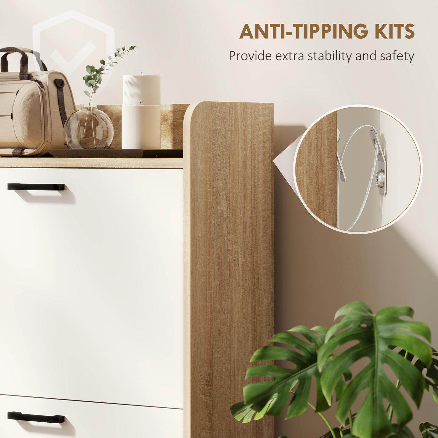 Shoe Cabinet with 2 Flip Drawers, 3 Side Compartments, Adjustable Shelves, 8-12 Pairs for Entryway Hallway, Natural