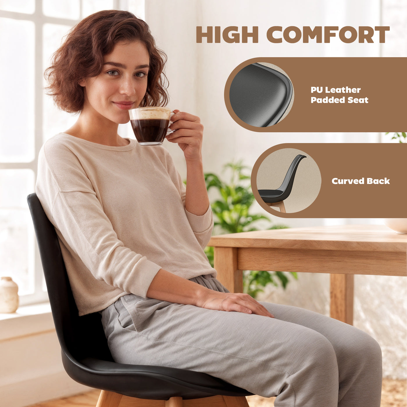 Modern Dining Table Chairs Set of 6, Rubber Wood Kitchen Table Chairs with PU Leather Cushion for Living Room, Bedroom