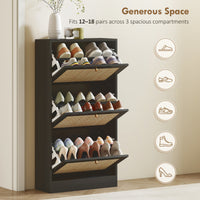 Rattan Shoe Storage Cabinet with 3 Flip Drawers and Adjustable Shelves, Entryway Shoe Cabinet for 18 Pairs, Black