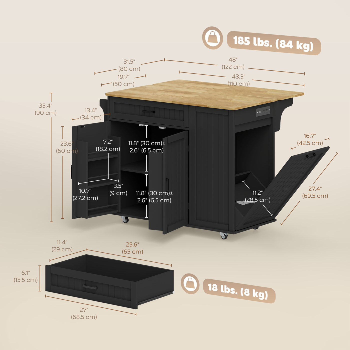 Kitchen Island Cart, Portable Kitchen Island Table with Charging Station, Rubber Wood Drop Leaf, Trash Storage, Black