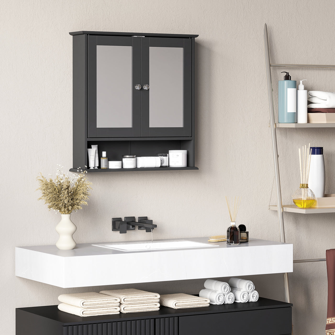 Medicine Cabinet, Wall-Mounted Bathroom Mirror Cabinet with Double Doors, Open Shelf, and Adjustable Shelf, Modern Bathroom Wall Cabinet, Black