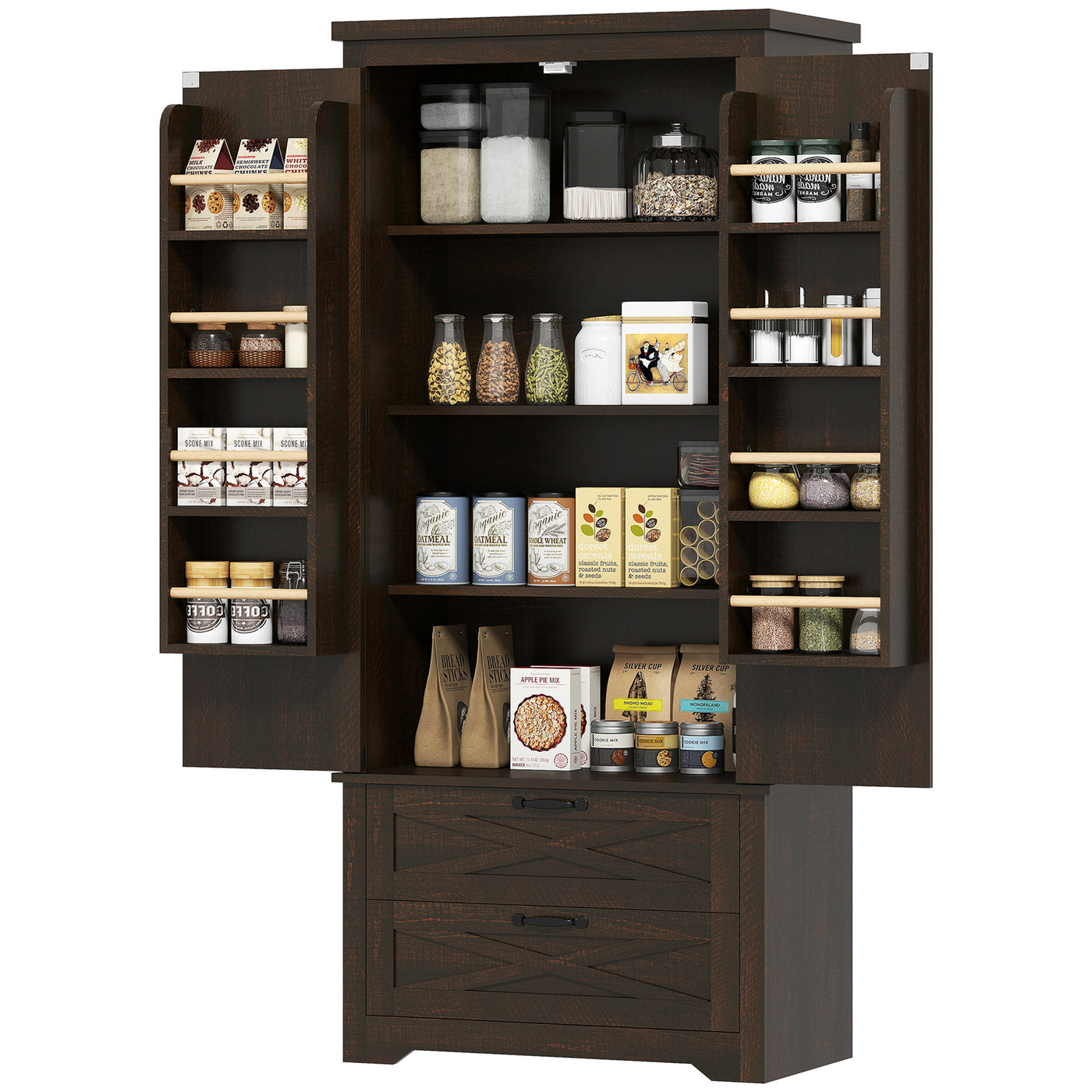 Farmhouse Kitchen Pantry Storage Cabinet, 64" Freestanding Kitchen Pantry Cabinet with Drawers, Distressed Dark Brown