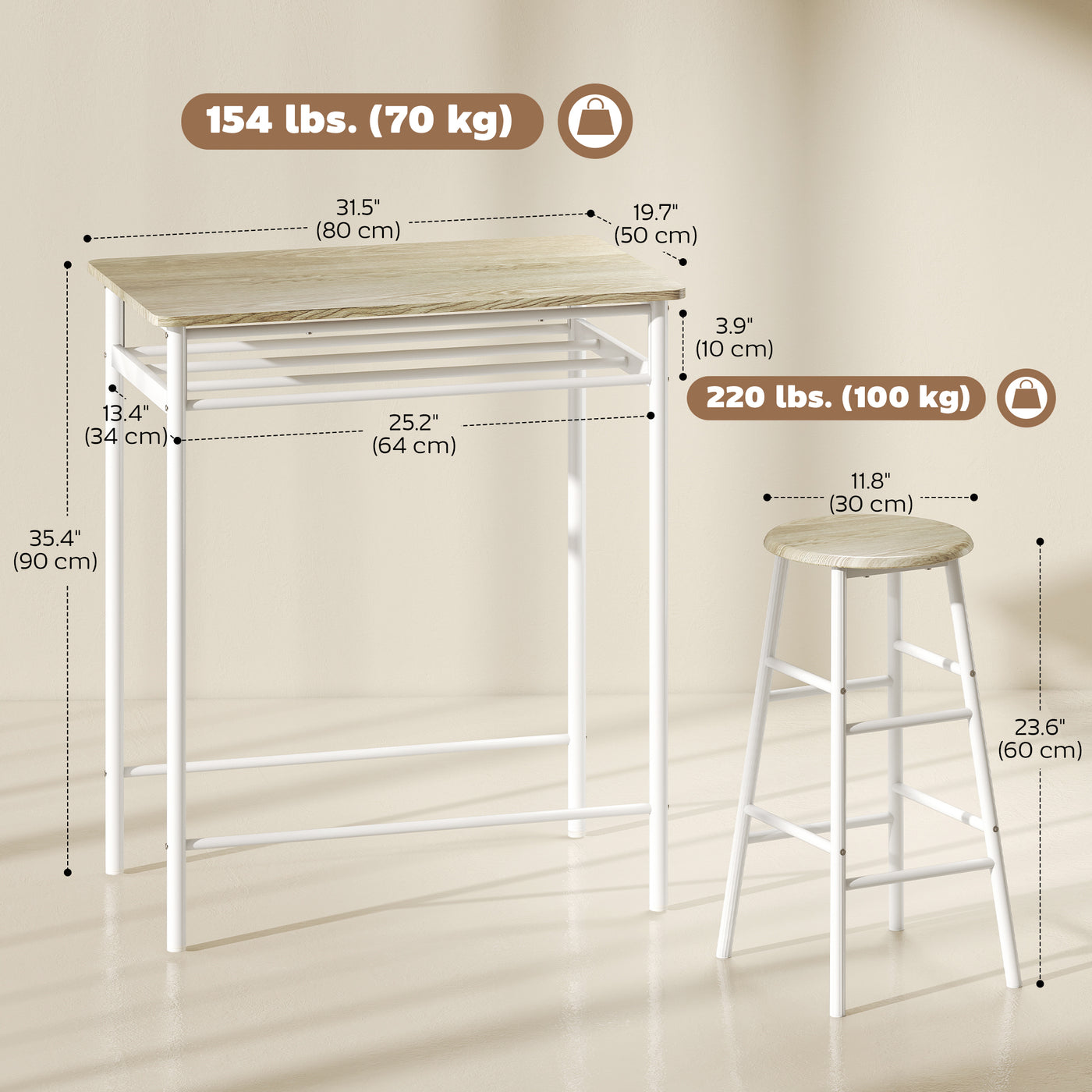 3 Piece Counter Height Bar Table Set with 1 Table, 2 Matching Stools, Dining Table Set with Storage Shelf and Metal Frame Footrest, White and Oak