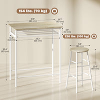 3 Piece Counter Height Bar Table Set with 1 Table, 2 Matching Stools, Dining Table Set with Storage Shelf and Metal Frame Footrest, White and Oak