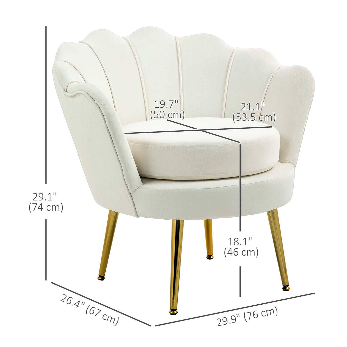 Modern Accent Chair, Velvet-Touch Fabric Leisure Club Chair with Gold Metal Legs for Bedroom, Cream White