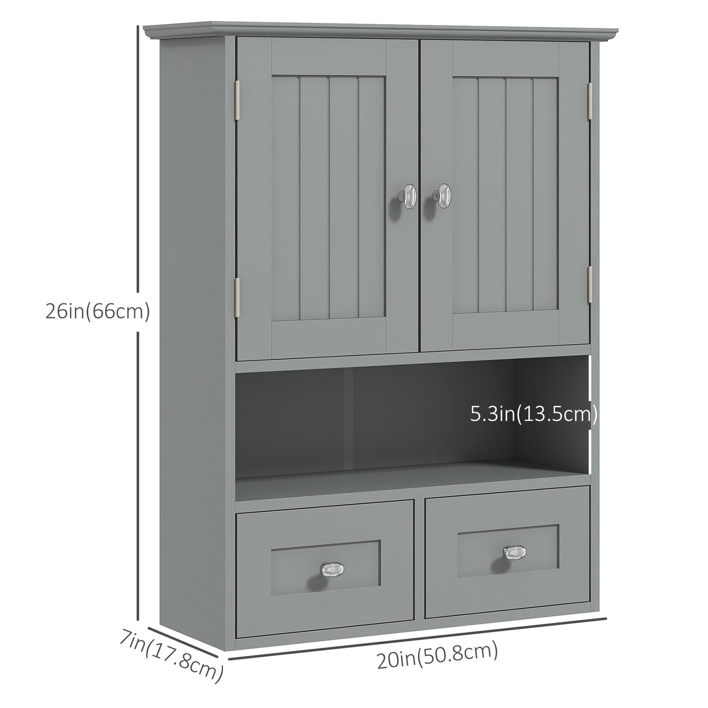 Bathroom Wall Cabinet with 2 Drawers, Modern Medicine Cabinet with 2 Doors and Open Shelf, Over the Toilet Storage Organizer for Living Room, Kitchen，20" x 7" x 26", Grey