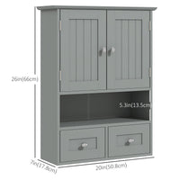 Bathroom Wall Cabinet with 2 Drawers, Modern Medicine Cabinet with 2 Doors and Open Shelf, Over the Toilet Storage Organizer for Living Room, Kitchen，20" x 7" x 26", Grey