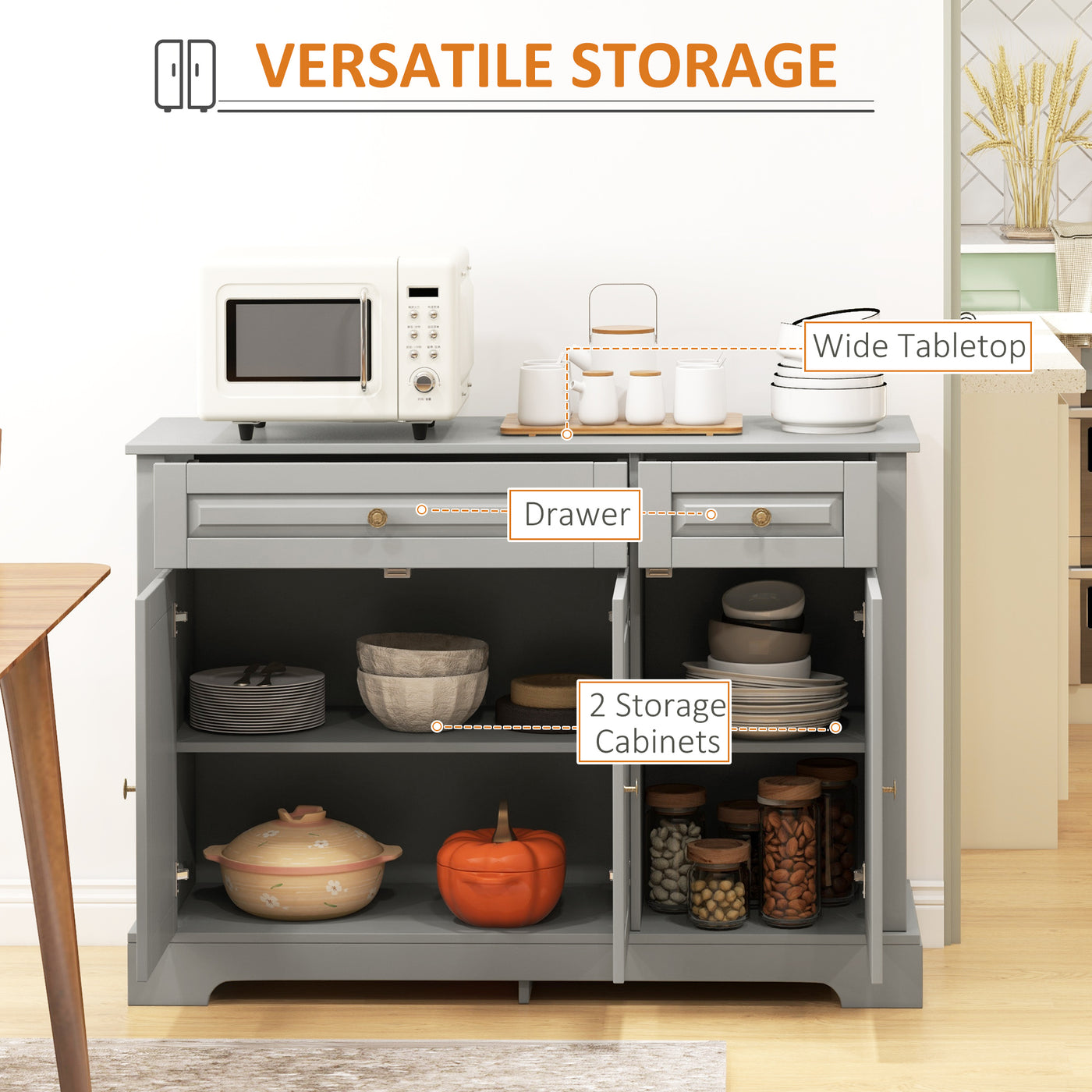 Modern Sideboard Cabinet, Buffet Cabinet with 2 Drawers and Adjustable Shelves, Buffets Tables for Dining Room, Grey