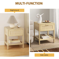 Narrow Nightstand with Rattan Elements, Bedside Table with Drawer and Storage Shelf for Bedroom, Set of 2, Natural Wood