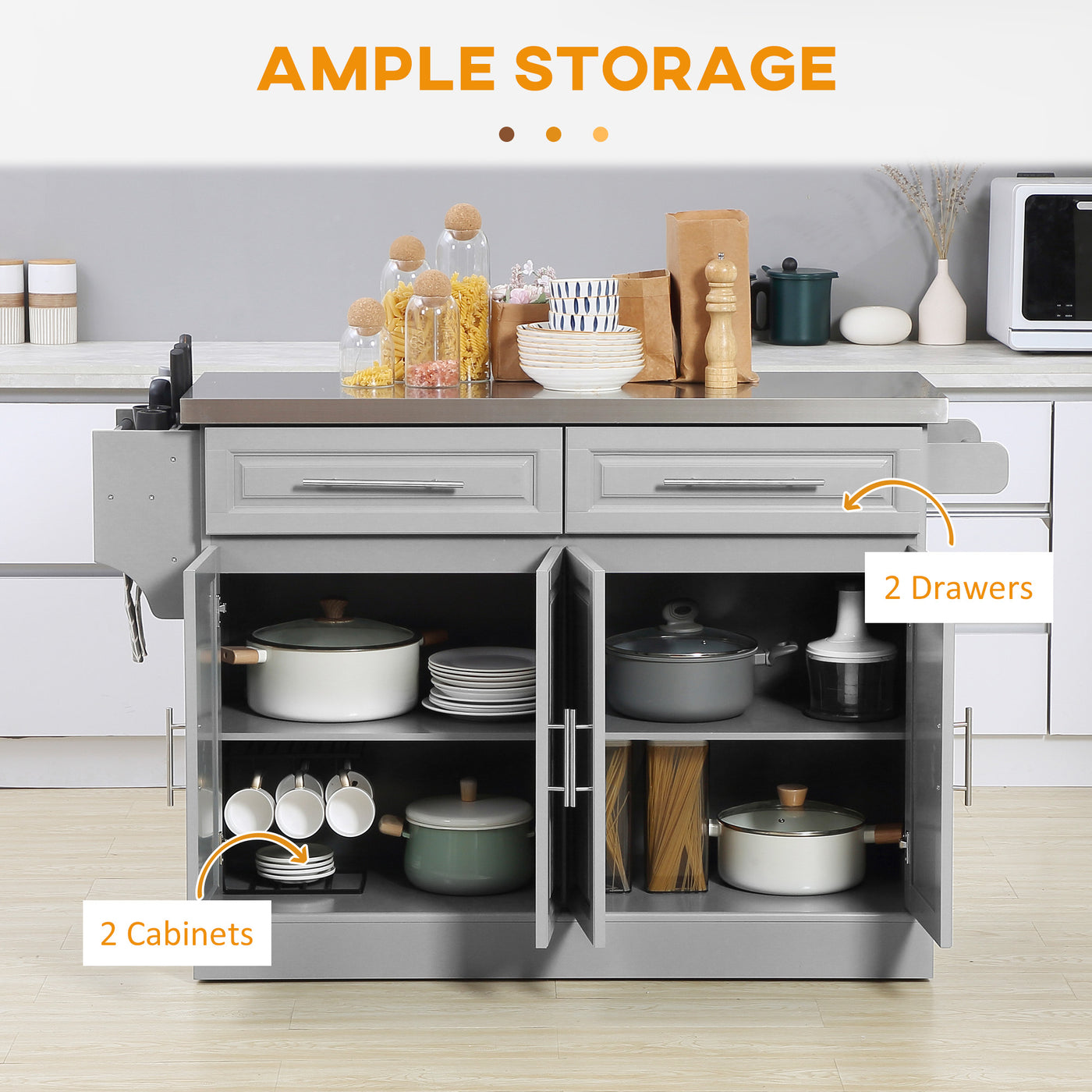 Stainless Steel Kitchen Island with Storage and Stainless Steel Top, Kitchen Trolley with Drawers, Cabinets, Towel Rack, Grey