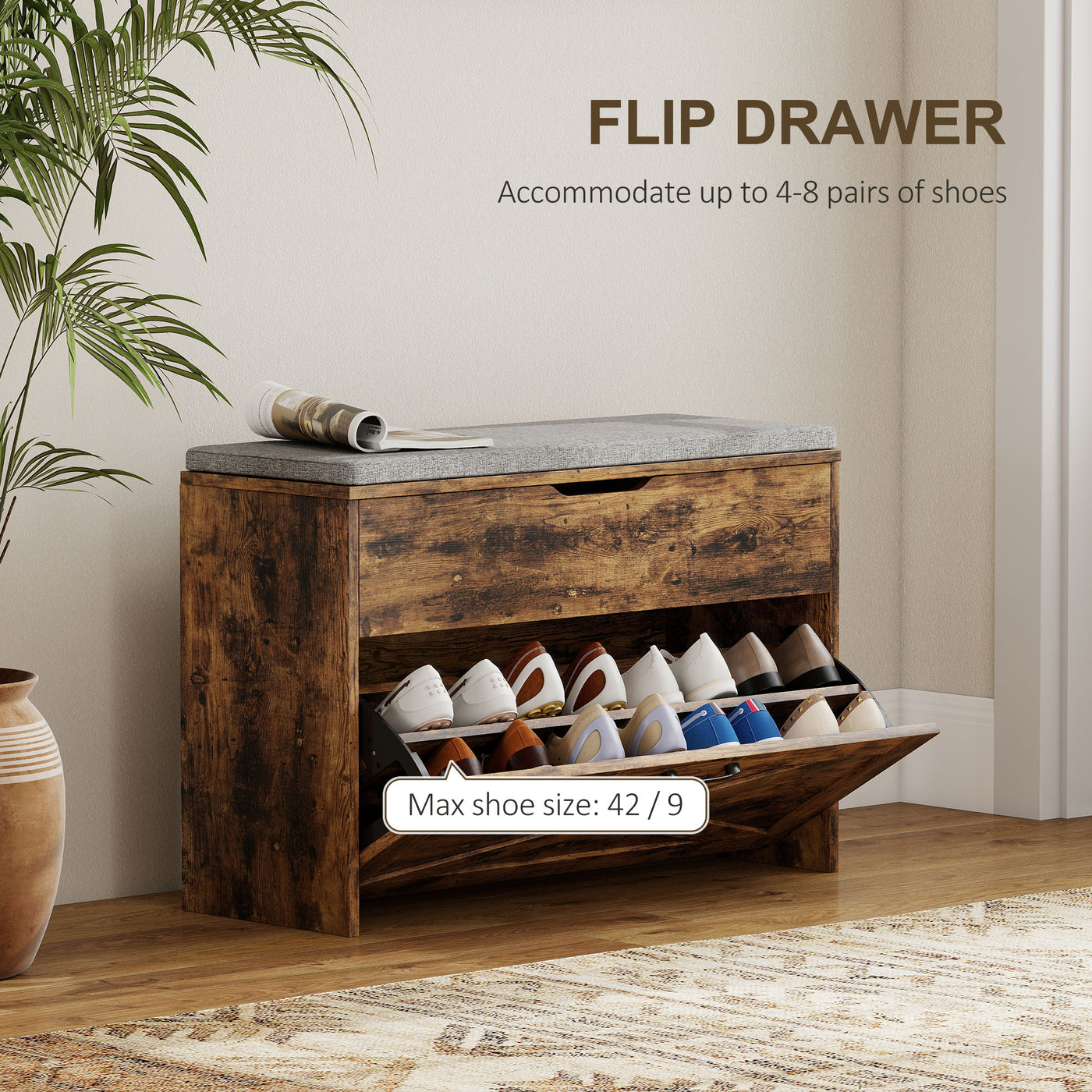 Shoe Storage Bench with Flip Drawer and Lift Top Storage, Entryway Bench with Seat Cushion for Hallway, Rustic Brown