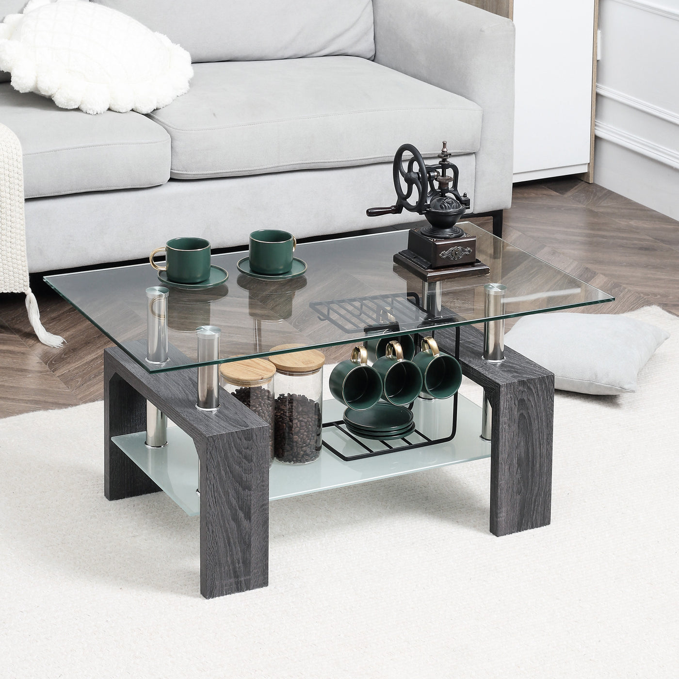 Rectangle Glass Coffee Table, 2-Tier Center Table with Tempered Glass Top and Storage Shelf for Living Room, Grey