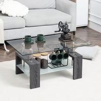 Rectangle Glass Coffee Table, 2-Tier Center Table with Tempered Glass Top and Storage Shelf for Living Room, Grey
