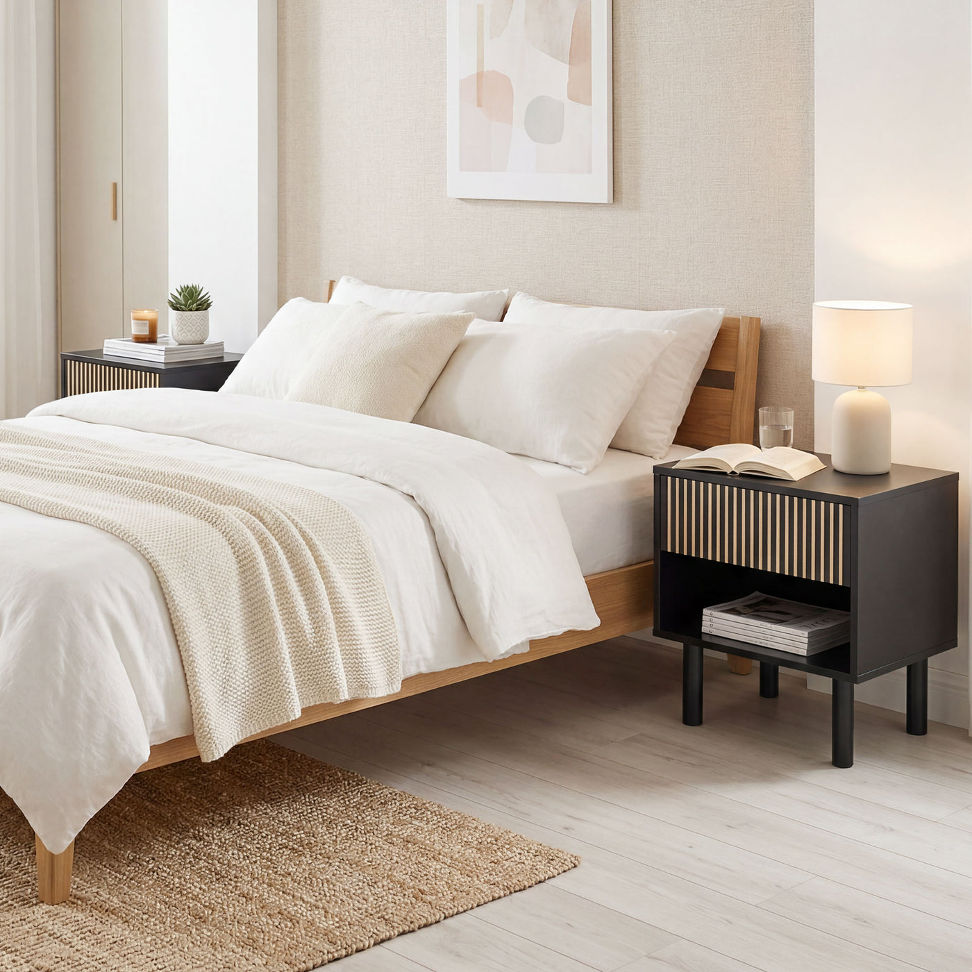 Modern Bedside Table with Drawer and Open Shelf, Sofa Side Table for Bedroom Living Room, Set of 2, Black