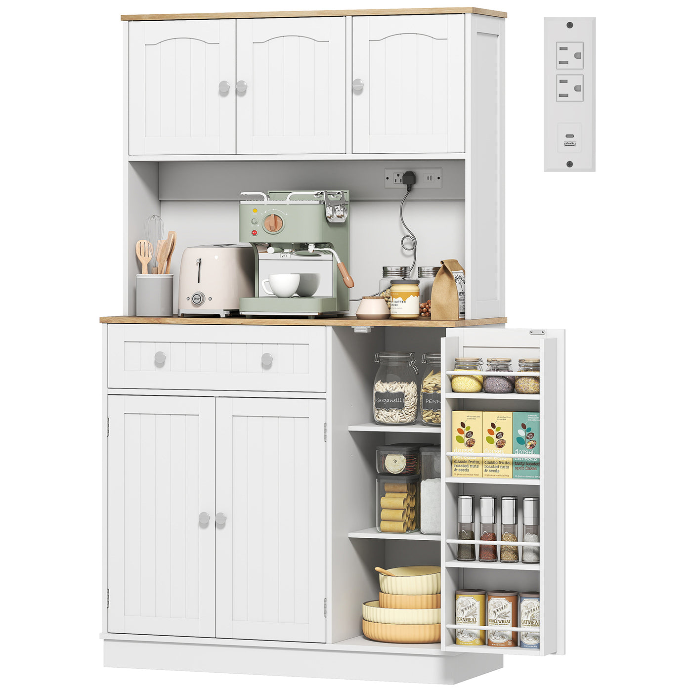 68" Pantry Cabinet with Charging Station, Kitchen Storage Cabinet with Microwave Stand, 4 Door Racks, White