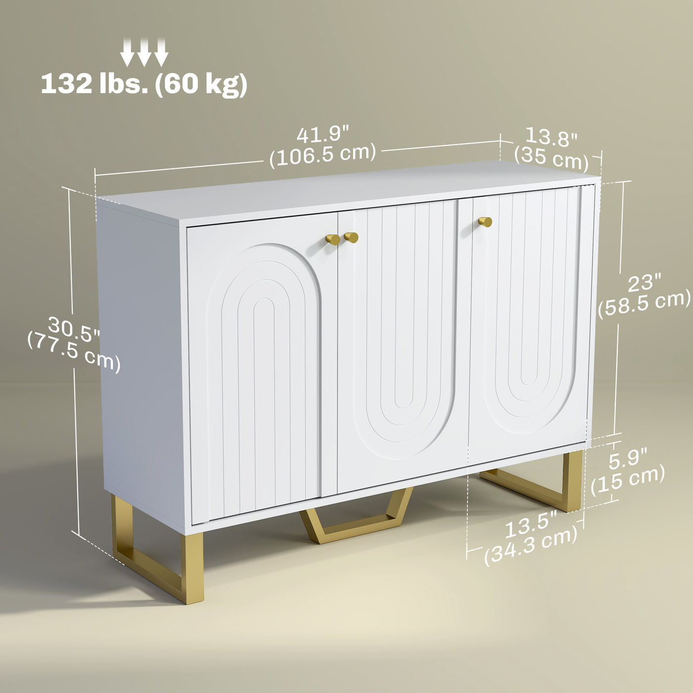 Sideboard Buffet Cabinet with 3 Doors, Modern Storage Cabinet with Adjustable Shelves & Center Leg, White