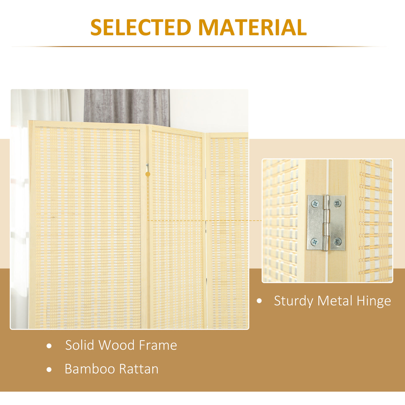Woven Bamboo Room Divider, 3 Panel Folding Indoor Privacy Screens for Home Office, Natural Wood