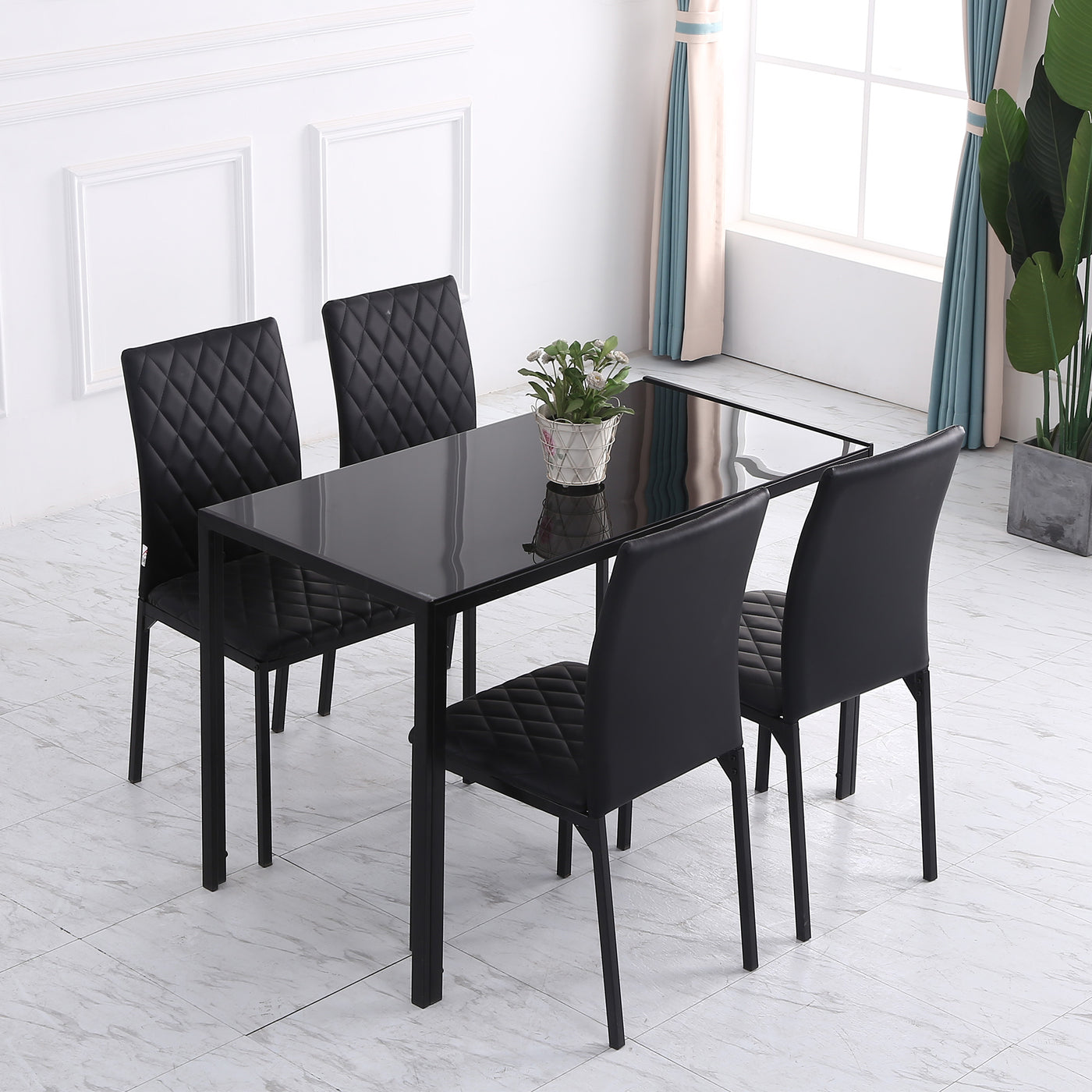 Modern Dining Chairs Set of 4, Upholstered Faux Leather Kitchen Chairs with Rhombic Tufting and Metal Legs for Living Room, Black