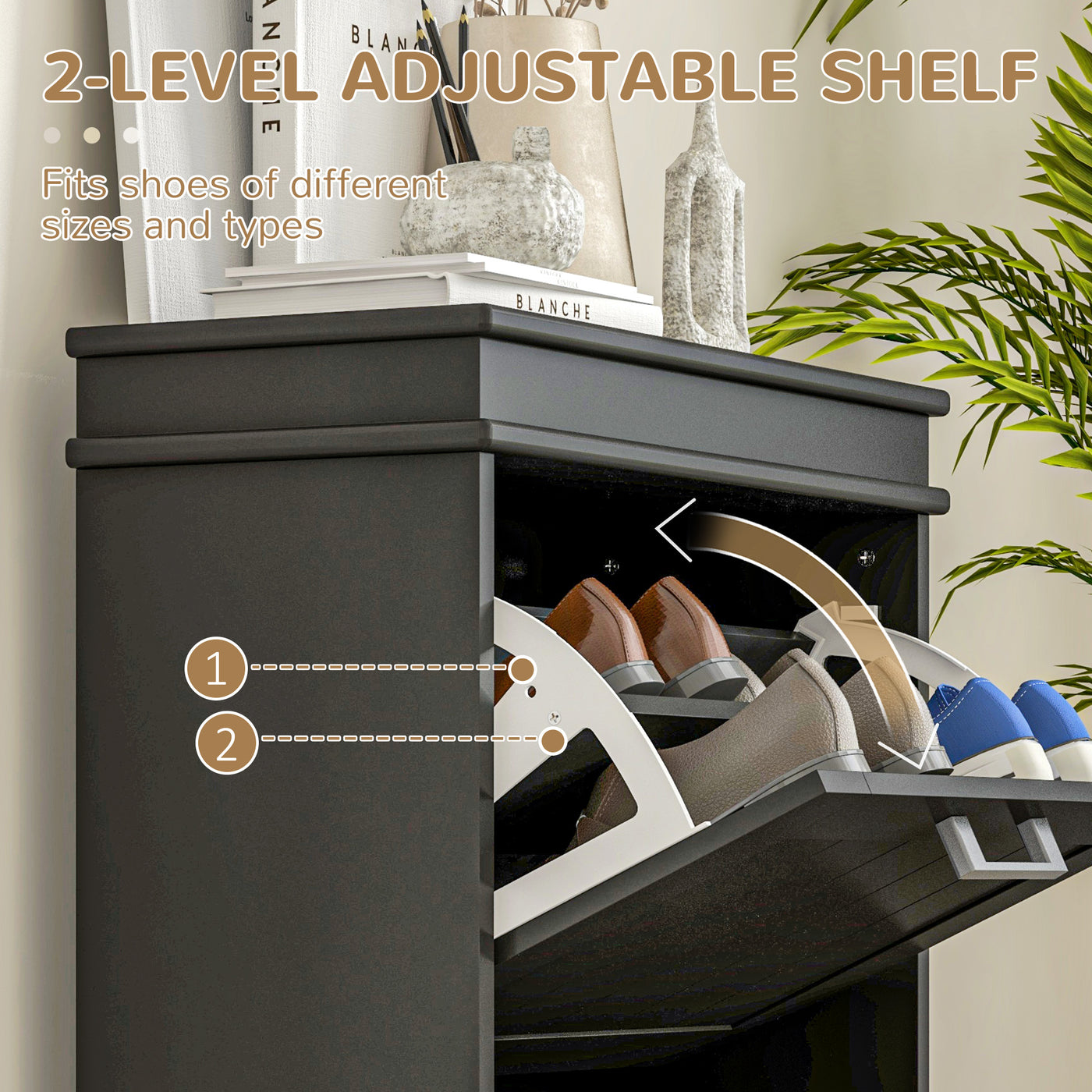 Shoe Storage Cabinet with 2 Flip Drawers and Adjustable Shelves, Narrow Shoe Cabinet for 10 Pairs of Shoes, Black