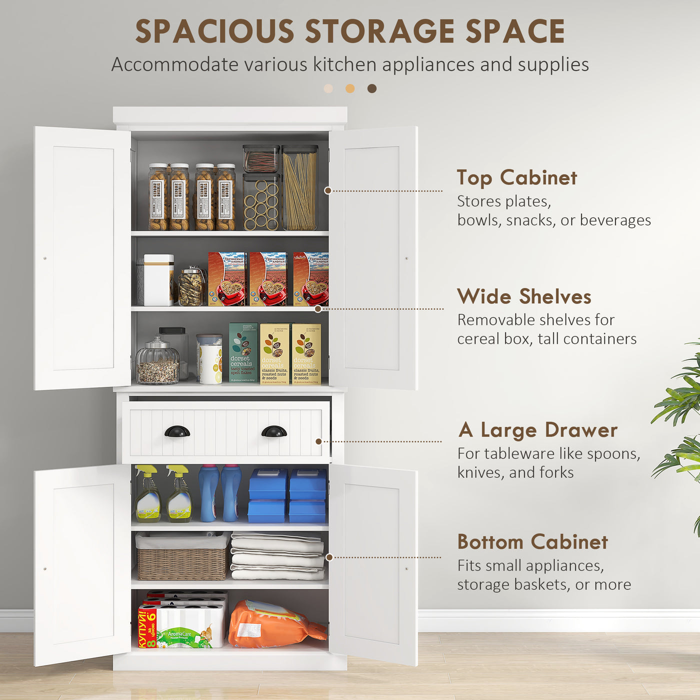72" Kitchen Pantry, Freestanding Storage Cabinet with Adjustable Shelves, Drawer, Doors, Anti-tip Design, White