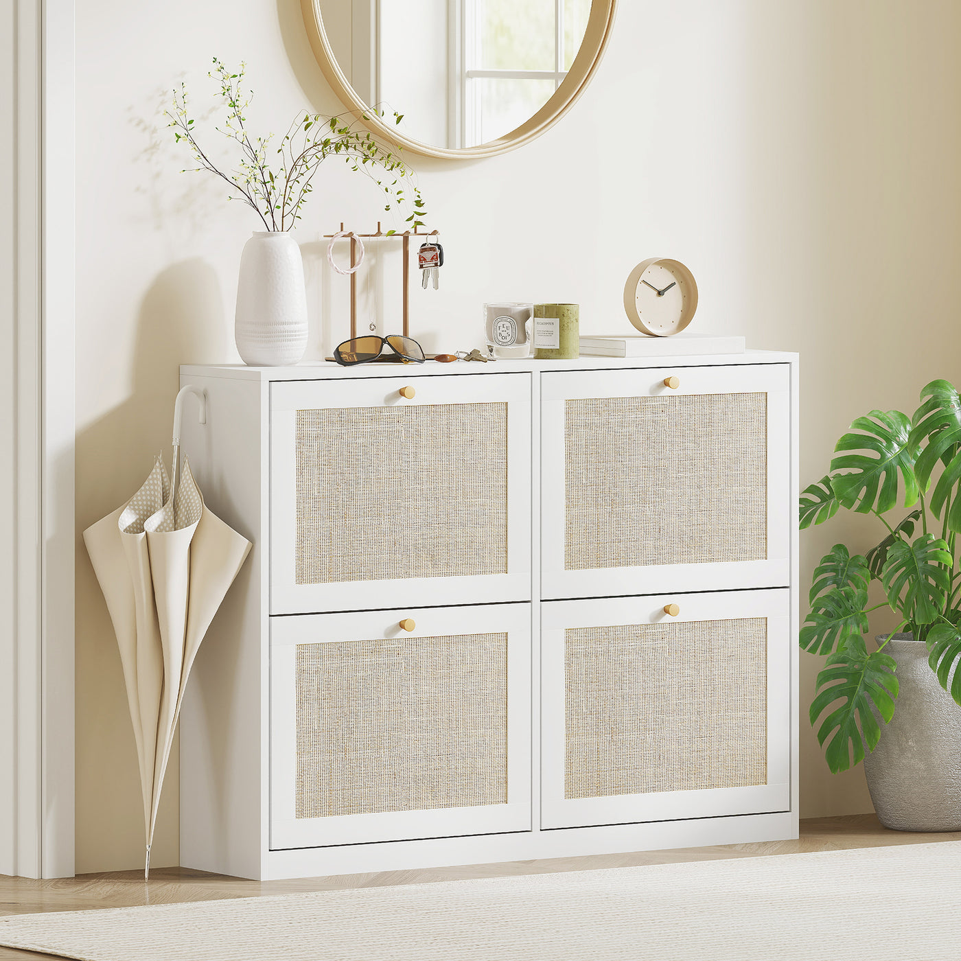 Narrow Shoe Storage Cabinet, Rattan Shoe Cabinet with 4 Flip Drawers and Adjustable Shelves for 20 Pairs, White