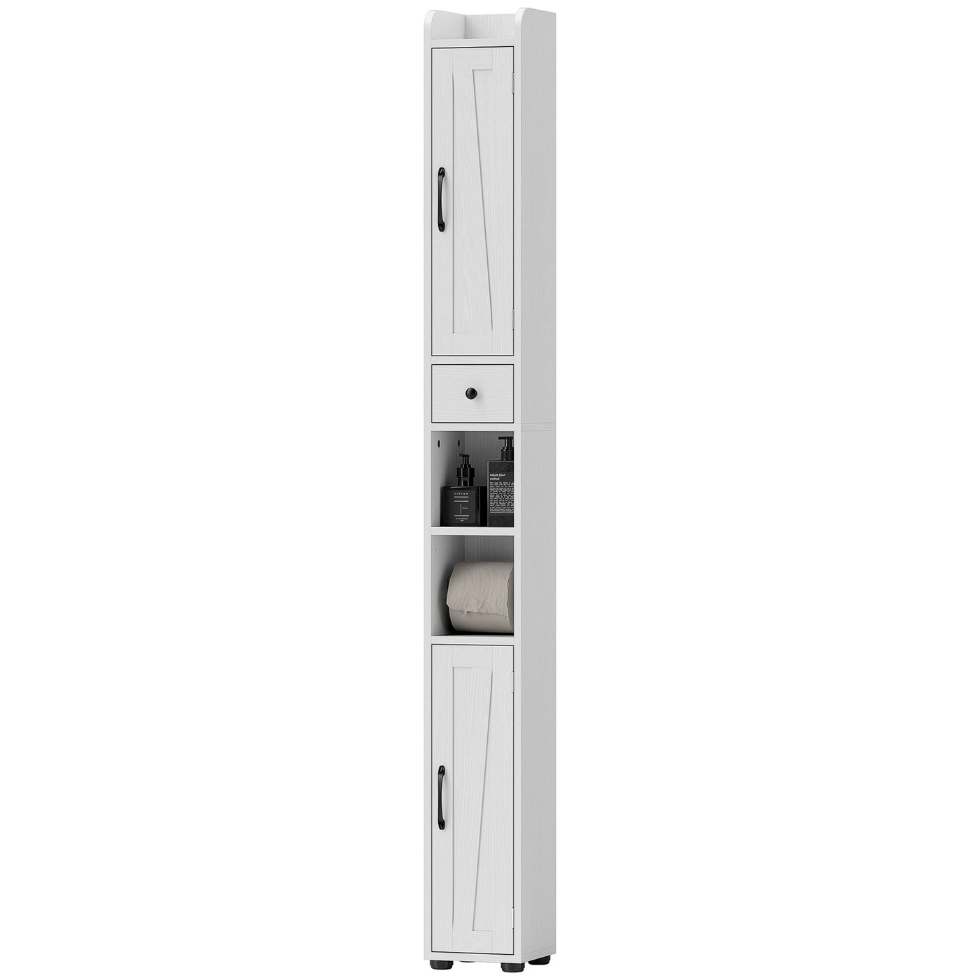 Narrow Bathroom Cabinet, Tall Bathroom Storage Cabinet with Barn Doors, Drawer and Adjustable Shelves, White Wood Grain