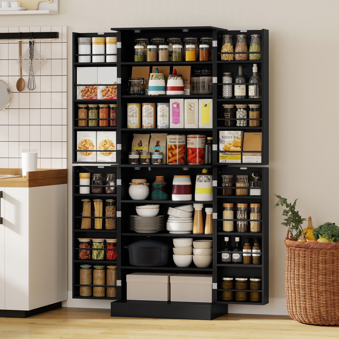 65" Kitchen Cabinet, Kitchen Pantry Cabinet with 4 Doors and 16 Door Shelves for Dining Room, Black