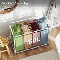 Laundry Hamper with Wheels, 160L Laundry Basket with 4 Removable Bags for Bedroom, Bathroom, Grey