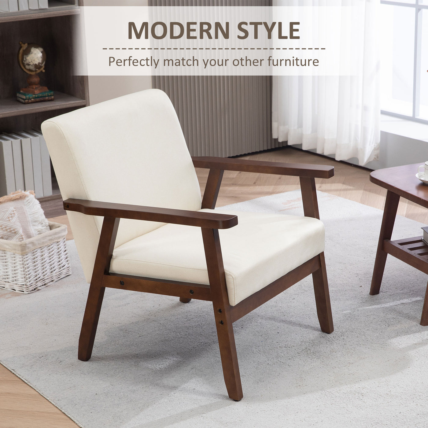 Modern Accent Chairs with Cushioned Seat, Upholstered Linen-Feel Armchair for Bedroom, Living Room, Cream White