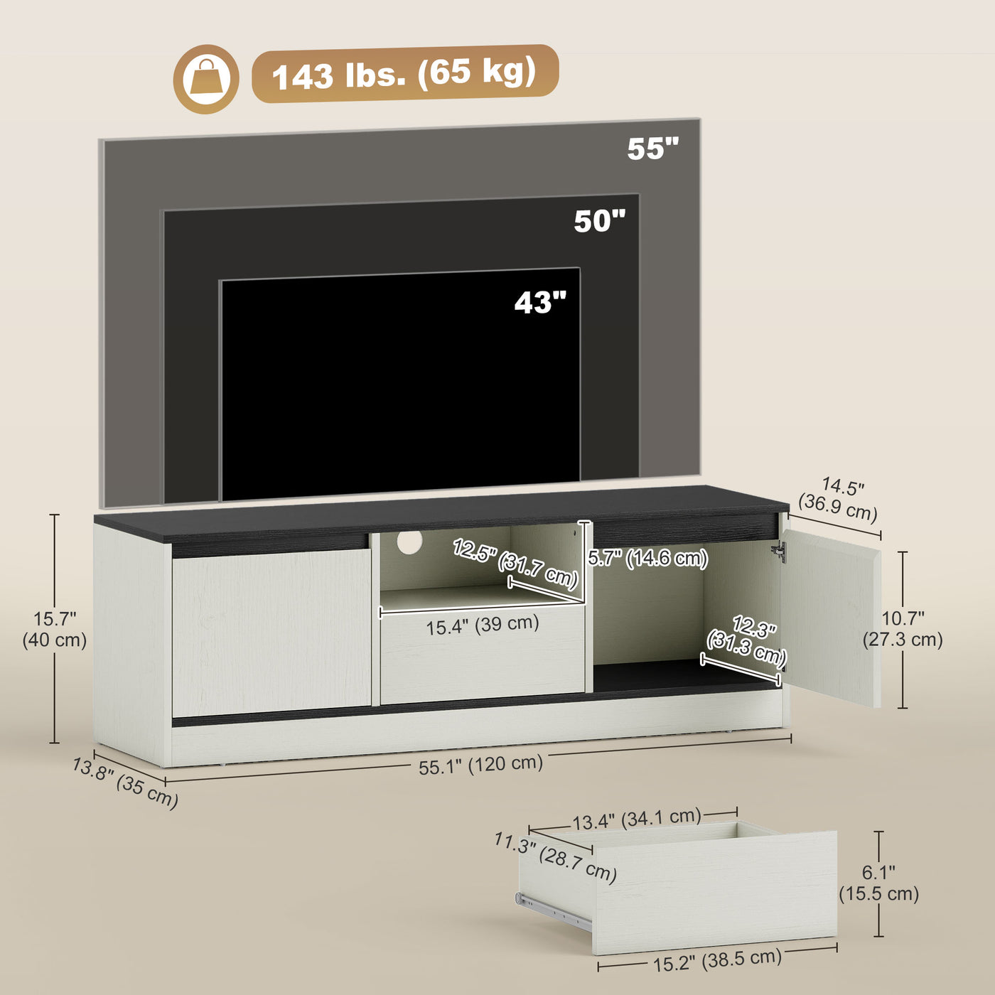 TV Stand for 43-55 Inch TV,  Entertainment Center w/ Cabinets, Shelf, Drawer and Cable Management for Living Room, White