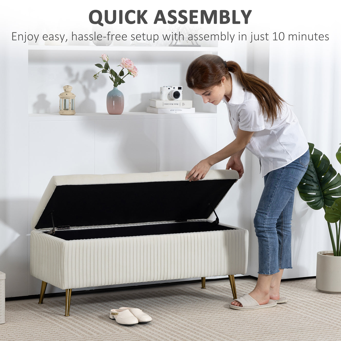 Storage Ottoman Bench, 43 Inch Large Storage Chest with Steel Legs and Padded Seat, Foot Rest, Load 485 lbs, Beige