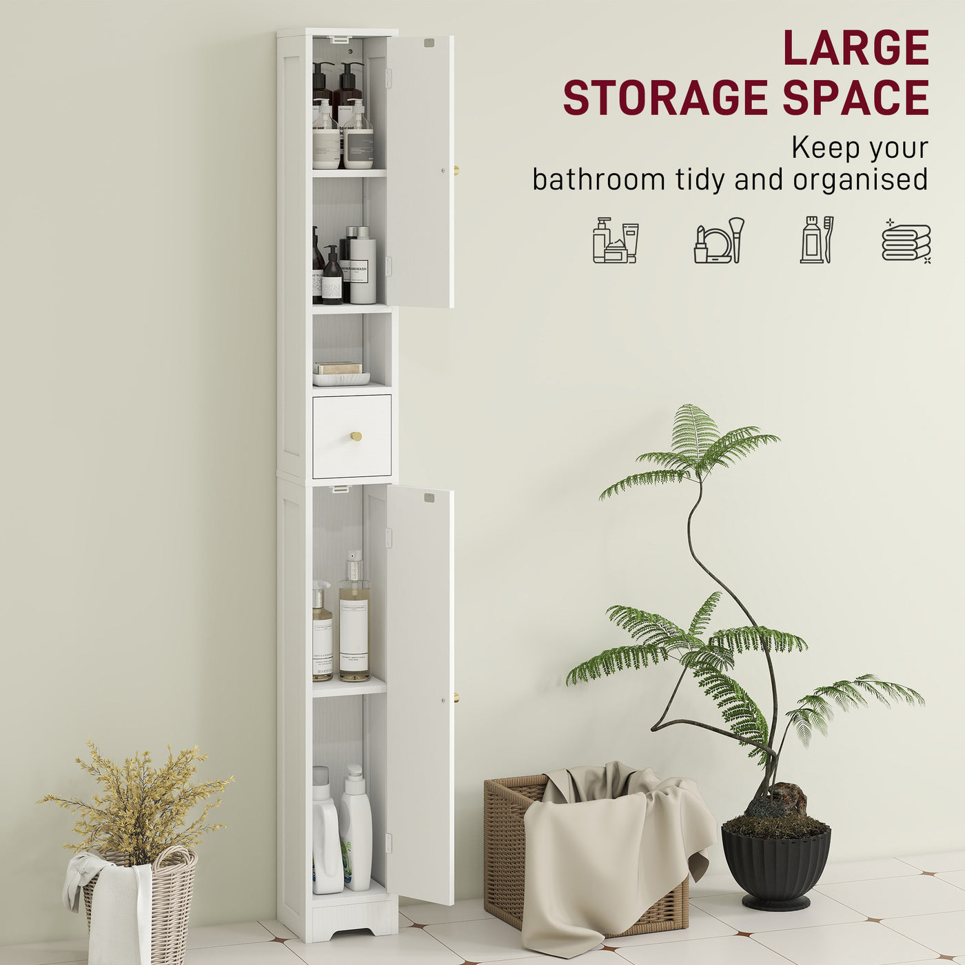 Tall Bathroom Cabinet, Modern Slim Bathroom Storage with Arched Doors, Drawer and Open Shelf, Narrow Storage, White