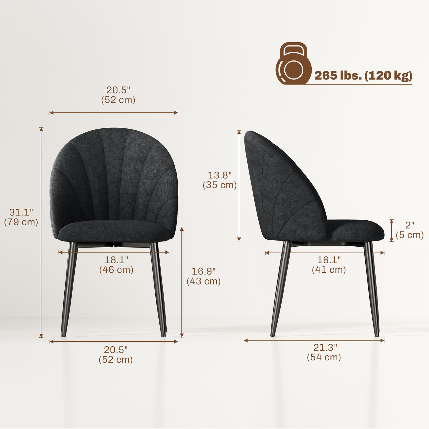 Modern Dining Chairs Set of 4, Upholstered Dining Room Chairs with Metal Legs, Shell Backrest, Padded Seat, Black