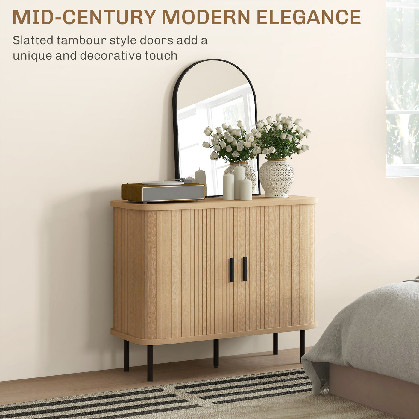 35.4" Sideboard Buffet Cabinet with Storage, Nordic Coffee Bar Cabinet with Slatted Tambour Doors and Metal Legs, Oak