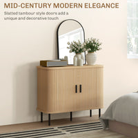 35.4" Sideboard Buffet Cabinet with Storage, Nordic Coffee Bar Cabinet with Slatted Tambour Doors and Metal Legs, Oak