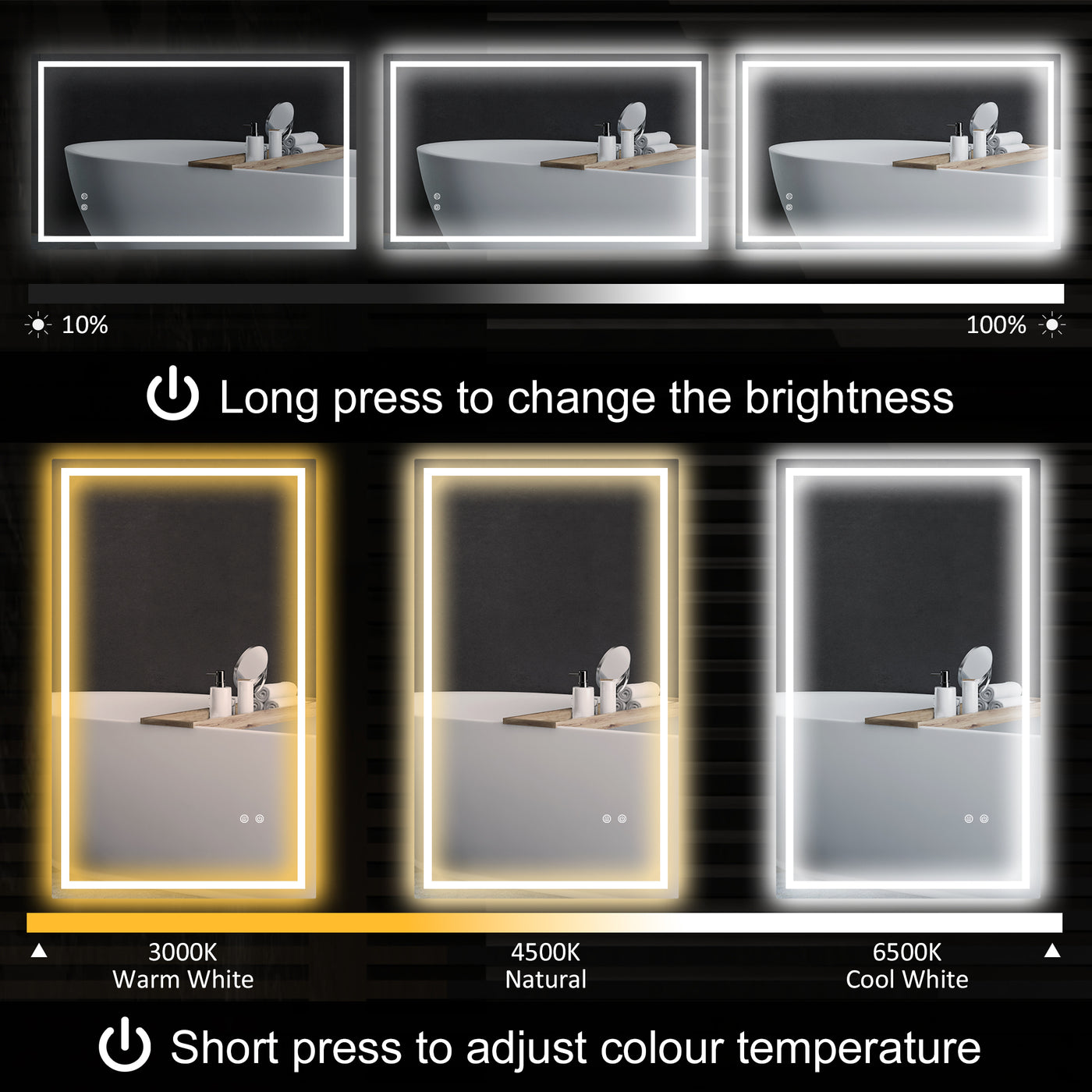39" x 24" Bathroom Mirror with LED Lights, Wall Mounted Vanity Mirror with Anti-Fog Pad and Touch Button, Clear